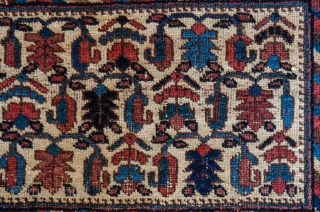 Antique Afshar. This is a fine Boteh Tribal Afshar. Very nice skirt with colorful chevrons.

width: 1'7"
length: 2'0"
size category: 3'x5' and smaller
dominant colors: Red, Blue & Beige       