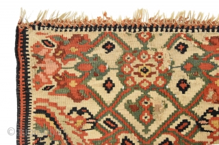 The Kurds of Senna produce kilim of very sophisticated construction. Their rugs have easily identifying characteristics : fields of repeating floral pattern, cotton warps and wool weft, very fine slitweave with extra  ...