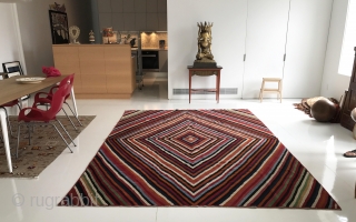 Size: 11.5” x 8” (250 x 350 cm).
100% wool/natural dye.
300 knots per inch.
VERY SOFT AND LIGHT!
Handmade in Turkmenistan.
Pattern based on a contemporary design (by M. Alessandra) for Nodus Rugs.(https://www.nodusrug.it/en/rugs_collection_tab.php?ID=ZZZEP)
One-off piece.
POR.
Turkmen   