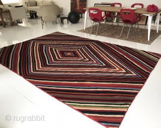 Size: 11.5” x 8” (250 x 350 cm).
100% wool/natural dye.
300 knots per inch.
VERY SOFT AND LIGHT!
Handmade in Turkmenistan.
Pattern based on a contemporary design (by M. Alessandra) for Nodus Rugs.(https://www.nodusrug.it/en/rugs_collection_tab.php?ID=ZZZEP)
One-off piece.
POR.
Turkmen   