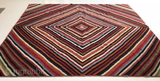 Size: 11.5” x 8” (250 x 350 cm).
100% wool/natural dye.
300 knots per inch.
VERY SOFT AND LIGHT!
Handmade in Turkmenistan.
Pattern based on a contemporary design (by M. Alessandra) for Nodus Rugs.(https://www.nodusrug.it/en/rugs_collection_tab.php?ID=ZZZEP)
One-off piece.
POR.
Turkmen   