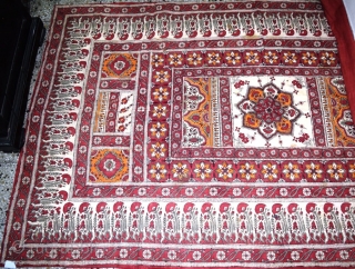 A very fine floor spread of Mogul flower pattern, on hand spun and hand block printed cloth. Backing in red hand spun cloth. Size: Width: 51" X length: 83"
(Made with two length  ...