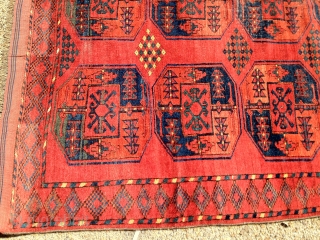 Antique Ersari, great red, nice yellows, blues, greens, burgandy. The rug is complete, but has some visible wear. Its a nice square size that measures 6'10'' x 8'6''Hard to photograph but the  ...