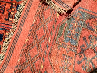 Antique Ersari, great red, nice yellows, blues, greens, burgandy. The rug is complete, but has some visible wear. Its a nice square size that measures 6'10'' x 8'6''Hard to photograph but the  ...