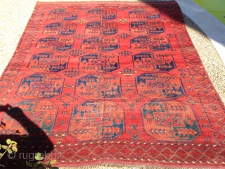 Antique Ersari, great red, nice yellows, blues, greens, burgandy. The rug is complete, but has some visible wear. Its a nice square size that measures 6'10'' x 8'6''Hard to photograph but the  ...