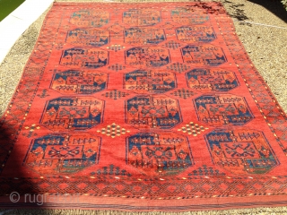 Antique Ersari, great red, nice yellows, blues, greens, burgandy. The rug is complete, but has some visible wear. Its a nice square size that measures 6'10'' x 8'6''Hard to photograph but the  ...