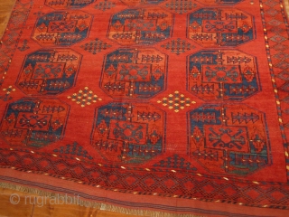 Antique Ersari, great red, nice yellows, blues, greens, burgandy. The rug is complete, but has some visible wear. Its a nice square size that measures 6'10'' x 8'6''Hard to photograph but the  ...