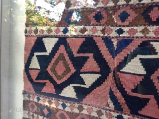 A late 19th century Shahsavan kilim made from two mafrash bag side panels stitched together. Appears to be dyed with a combination of natural and synthetic dyes. Several visually interesting, historic repairs.  ...