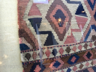 A late 19th century Shahsavan kilim made from two mafrash bag side panels stitched together. Appears to be dyed with a combination of natural and synthetic dyes. Several visually interesting, historic repairs.  ...