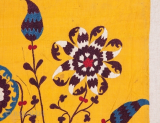 Uzbek Silk Suzani Fragment Late 19th / early 20th C. Backed on linen 60 x 103 cm / 1'11 x 3'4''            