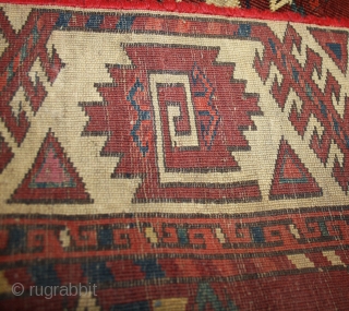 Early turkmen maincarpet, before 1800,open right, in as found condition, silk highlights
size: 215x192cm                    