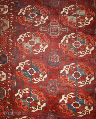 Early tekke main carpet, with two different border drawing, three greens inside and huge diamonds, size: 257x200 cm               