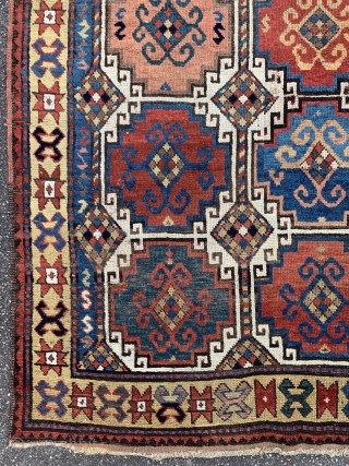 Mid 19th century Caucasian Memling  kazak with fantastic colors , some condition issues , size 224x136cm                