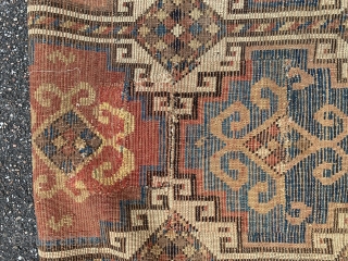 Mid 19th century Caucasian Memling  kazak with fantastic colors , some condition issues , size 224x136cm                