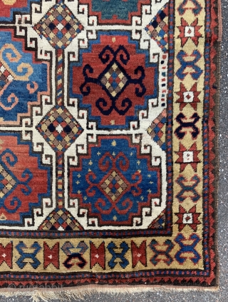 Mid 19th century Caucasian Memling  kazak with fantastic colors , some condition issues , size 224x136cm                