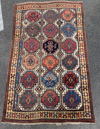 Mid 19th century Caucasian Memling  kazak with fantastic colors , some condition issues , size 224x136cm                