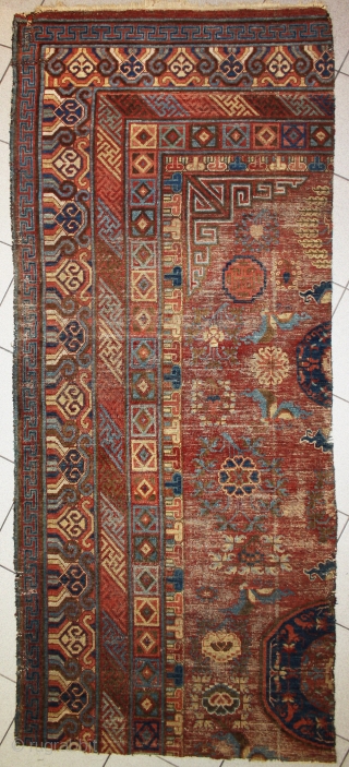 early East Turkestan Khotan carpet Fragment with circular medallions from 1800s, great design and super Colors, size 229x94cm               