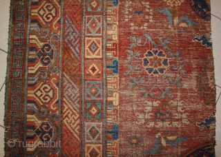 early East Turkestan Khotan carpet Fragment with circular medallions from 1800s, great design and super Colors, size 229x94cm               