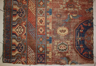 early East Turkestan Khotan carpet Fragment with circular medallions from 1800s, great design and super Colors, size 229x94cm               