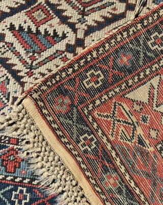 Shirvan prayer rug
This East Caucasian prayer rug shows a characteristic diamond lattice design of dark blue serrated leaves enclosing flowering shrubs in its white field containing the bridge-shaped prayer arch at the  ...