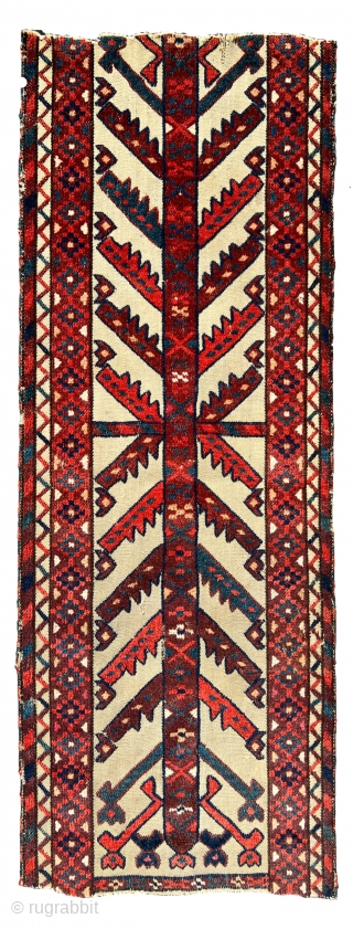This early tent band fragment with knotted designs on a white warp-faced plainweave ground, with its characterful patterning and with its brilliant colorfulness radiates grace and beauty, one can read the distinct  ...