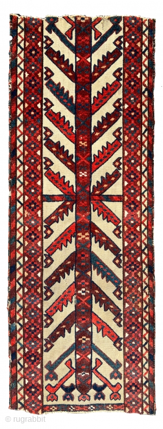 This early tent band fragment with knotted designs on a white warp-faced plainweave ground, with its characterful patterning and with its brilliant colorfulness radiates grace and beauty, one can read the distinct  ...