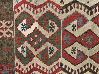 Aksaray Kilim, The captivating effect of this small white-ground kilim is due to the brilliance of its colours and their unusual combinations in the compositional context. Bold arrangements of this kind would  ...