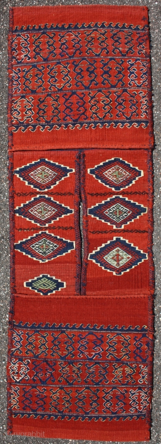 antique Yüncü saddlebag, with rows of elibelinde motif and strong graphic impression, colorful accents at the outlining all silk and partly with metallic threads. mint condition, 127x41cm
      