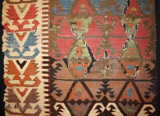 Anatolian Kilim fragment with good age, colors and graphic, museum quality mounted on black canvas, size: 170x73cm                