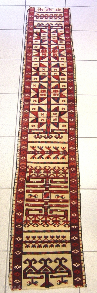 Antique Turkmen Tentband fragment, with fantastic colors, cotton spots, 
unusual field drawing and outer border, size: 190x32cm
                