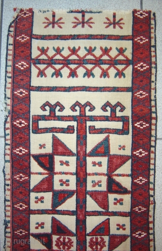 Antique Turkmen Tentband fragment, with fantastic colors, cotton spots, 
unusual field drawing and outer border, size: 190x32cm
                