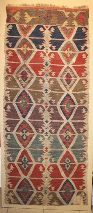 Anatolian Kilim fragment with good age, colors and graphic, museum quality mounted on canvas, size: 165x66cm                 