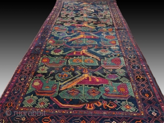 Large antique late 19th cen. Caucasian Karabagh Kazak rug. Good condition for it's age, with normal wear and old restorations. Wool on wool. Rare design. Size approx. 430 x 195 cm /  ...