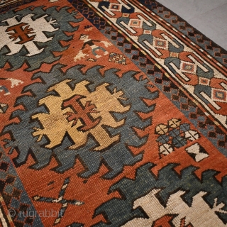 Antique Caucasian Kazak rug. Very good condition for it's age, normal wear. Wool on wool. Size approx. 257 x 113 cm / 8.4 x 3.7 ft.       