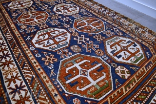 Antique Caucasian Kazak rug. Late 1800s. Good condition for it's age, low pile. Wool on wool. Size approx. 192 x 122 cm /  6.5 x 4 ft.     