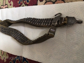 antique belt Karakalpakstan, silver, leather, engraving, stamp, notch, casting, 1900-1920  sizes: 3.5-96cm.  This women's dress belt is in very good condition.          