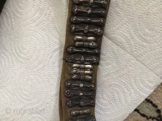 antique belt Karakalpakstan, silver, leather, engraving, stamp, notch, casting, 1900-1920  sizes: 3.5-96cm.  This women's dress belt is in very good condition.          