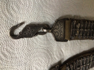 antique belt Karakalpakstan, silver, leather, engraving, stamp, notch, casting, 1900-1920  sizes: 3.5-96cm.  This women's dress belt is in very good condition.          