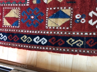 Pretty little Sewan Kazak.
Dated 1311? Sides and ends need some work, but all there. Great borders and colors, though red at one end is a little iffy. Size: 3ft x 5.5ft
Contact me  ...