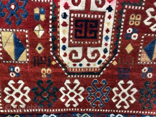 Pretty little Sewan Kazak.
Dated 1311? Sides and ends need some work, but all there. Great borders and colors, though red at one end is a little iffy. Size: 3ft x 5.5ft
Contact me  ...