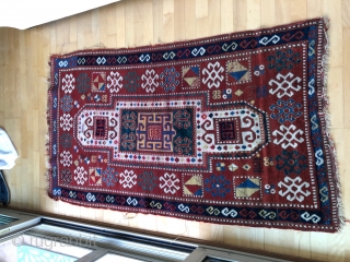 Pretty little Sewan Kazak.
Dated 1311? Sides and ends need some work, but all there. Great borders and colors, though red at one end is a little iffy. Size: 3ft x 5.5ft
Contact me  ...