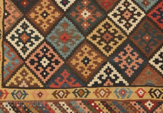 12941 Antique Bakhtiar Kilim 528x215cm Circa 1900

Magnificent antique Bakhtiar kilim. Multi coloured lozenge ground encased in a three layered border. Bakhtiar region is known for its use of natural dyes in its  ...