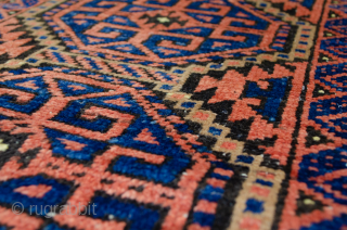 Unusual antique Baluch Mat from Northeast of Iran. It is not often that Baluch rugs in this colour combination in very good condition. Very good price

More Info: https://sharafiandco.com/product/antique-baluch-mat-84x45cm/     