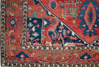 Remarkable 19th Century antique Serapi carpet 443x295cm. it is in very good condition. Couple of cm each end rewoven expertly and small repairs in the field which cannot be seen.

More Info:   ...