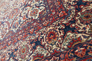 Antique Kashan Dabir Rug 1920s 364 x 271cm (11.9 x 8.9ft) in good condition with an expertly done old repair as shown.

More info: https://sharafiandco.com/product/antique-kashan-dabir-carpet-master-weaver/
         