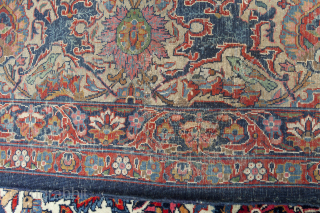 Antique Kashan Dabir Rug 1920s 364 x 271cm (11.9 x 8.9ft) in good condition with an expertly done old repair as shown.

More info: https://sharafiandco.com/product/antique-kashan-dabir-carpet-master-weaver/
         