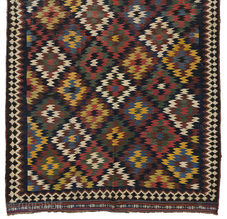 Antique eye dazzler Qashqai Kilim with a good width 260x153cm Circa 1900. Some old repairs were done well, otherwise in good condition.

More info: https://sharafiandco.com/product/antique-qashqai-kilim-260x153cm/
         
