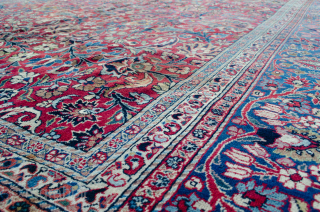 Antique Mashad Carpet 422x300cm Circa 1900 Good, some old repairs.

More info: https://sharafiandco.com/product/antique-mashad-carpet-422x300cm/
                     