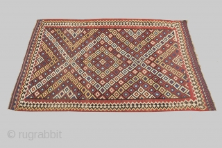 13085, 264x171cm. Circa 1880. Decorative antique Bakhtiar kilim. It is difficult to find Bakhtiar kilims in these dimensions, as like most persian kilims the bigger sizes are usually long and narrow. The  ...