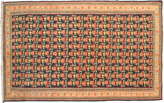 #12999 Antique Bijar Kelim, 266x127cm, Circa 1900, in very good condition apart from a 2cm reweave at one end,as shown in the image, which is very well done.

More info: https://sharafiandco.com/product/antique-bijar-kelim-golfarang-floral-design/
   